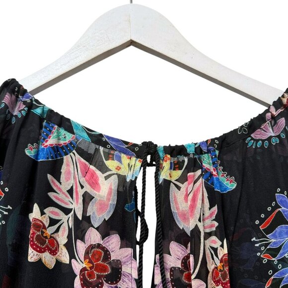 TRYB Silk Blouse XS Black Floral Chiffon Peasant Top Ruffle Lace Anthropologie - Picture 6 of 9
